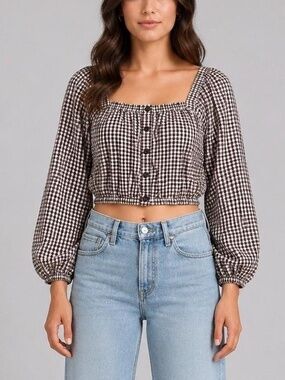 Puff-Sleeve Button-Front Crop Top In Plaid - Chocolate Raisin